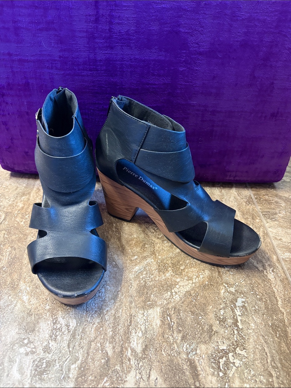 Pierre Dumas Black Strappy Wood-Look Platform Wedges